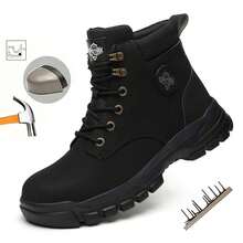 Men's Solid Color Classic High Top Plain Toe Steel Toe & Puncture Proof Safety Boots, Comfy Non Slip Durable Lace Up Work Shoes, Men's Constructional & Industrial Footwear - Black - View 2