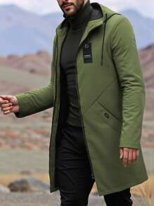 Men's Lightweight Breathable Windbreaker Jacket With Adjustable Hood & Drawstring, Large Pockets, Zipper Closure - Casual Long Length Outerwear For Daily Wear, Dates, Travel - Spring & Fall Essential, Windbreaker Jacket, Spring Outerwear, Minimalist Style, Durable Fabric - Army Green - View 2