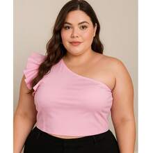 Women's Plus Size Suplex Crop Top With Padded Mule Sleeve With Ruffle - Rosa Pálido - Ver 3