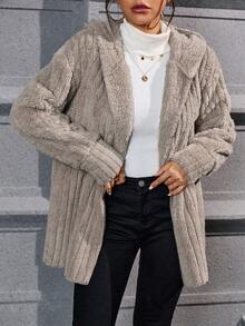 女式秋季法兰绒卡其色印花羊羔绒领前扣连帽休闲常规夹克，女式冬季休闲落肩连帽宽松卡其色纯色外套，冬季保暖/冬季服装，长袖上衣 - 卡其色 - 查看 5