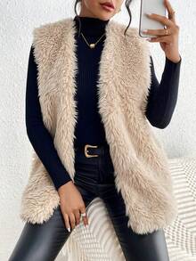 女式秋季斜口袋前开无袖背心夹克外套，秋冬服装 - 杏色 - 查看 7