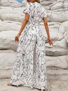 Elegante Monos y Palazzos De Mujer Con Estampado De Grafiti,Mono De Manga Corta Con Botones y Cinturón - Blanco - Ver 2