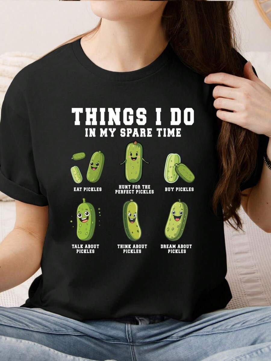 Funny Pickles T-Shirt,Things I Do In My Spare Pickle Jar Crewneck,Pickle Shirt Gift For Pickle Lover,Funny Canning Tee Vegetables Lover Casual Dressy T Shirts Workout Clothes 100% Cotton, Breathable And Comfortable - 黑色 - 查看 1