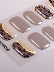 16pcs Leopard Print Semi-Cured Gel Nail Stickers, Brown & Gold Line Full Cover, Easy Nail Art, Salon Quality, Women Home DIY Nail Decals - Brown - View 5