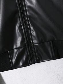 Purechapter 男童超大仿皮夹克，长袖外套，肩部褶皱设计，保暖衬里，立领拉链开合（无白色短袖） - 黑色 - 查看 6