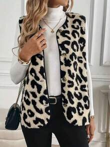 Leopard Print Contrast Color All-Over Print Button Decor Contrast Trim Sleeveless Women Coats