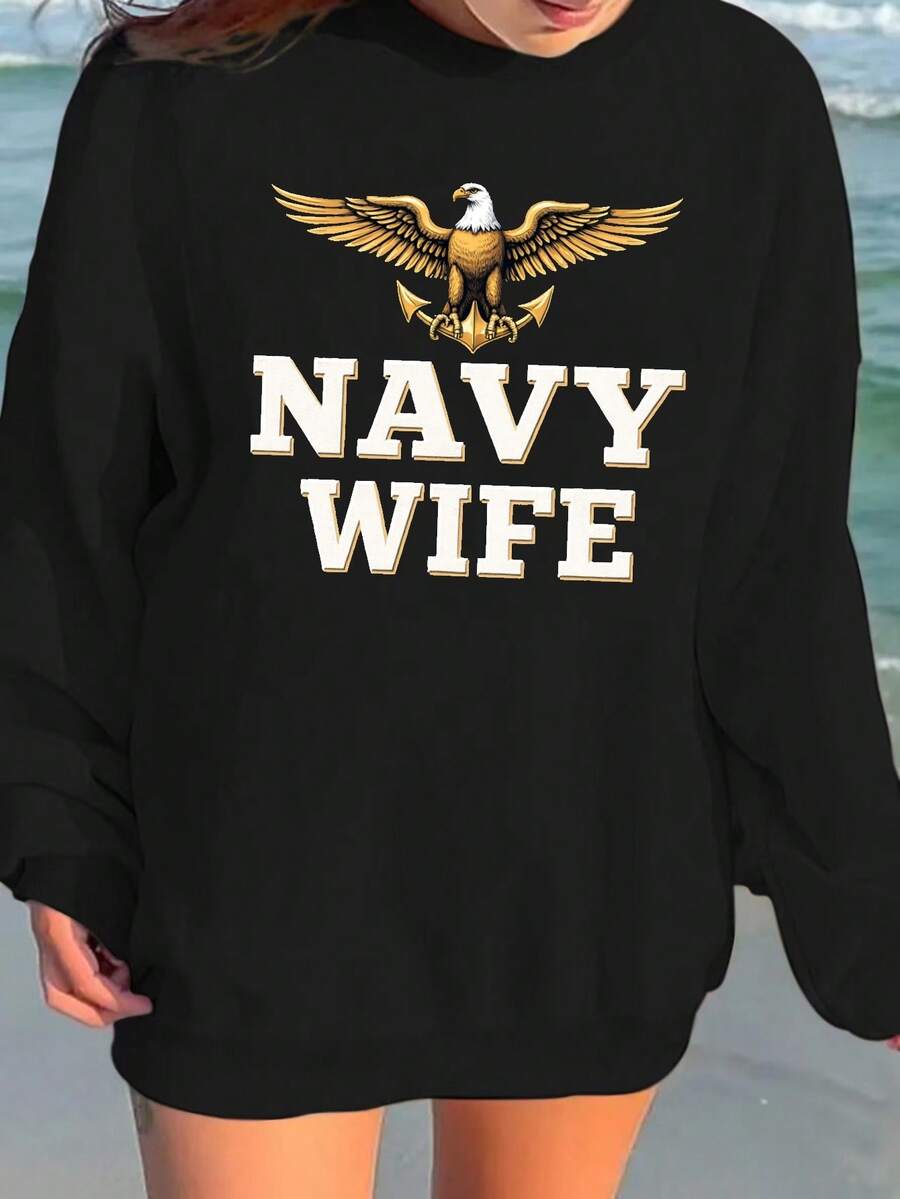 Navy Wife Patriotic Eagle Emblem Women's Sweatshirts - 黑色 - 查看 1