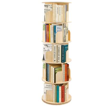 Natural Wood Color Rotating Bookshelf – 3/4/5-Tier Pine Spinning Shelf, Storage Bookshelf With O-Shaped Ball Bearing & Mortise Tenon Screw Assembly