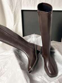 Women's Brown Side Zipper Knee-High Boots, New Winter Slim Fit Chunky Heel Chelsea Riding Boots,Party