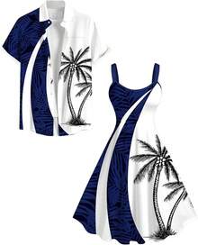 Matchable Couple Hawaiian Tree Print Shirt Or Plus Size Knee Length Fit And Flare Tank Dress-2025 - Đàn ông xanh - Xem 7