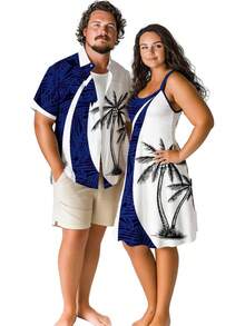 Matchable Couple Hawaiian Tree Print Shirt Or Plus Size Knee Length Fit And Flare Tank Dress-2025 - Đàn ông xanh - Xem 3