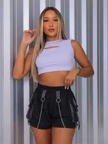Shiny Holographic Set - Cargo Shorts And Black Holographic Top With Colorful Shine - Negro (M) - Ver 4
