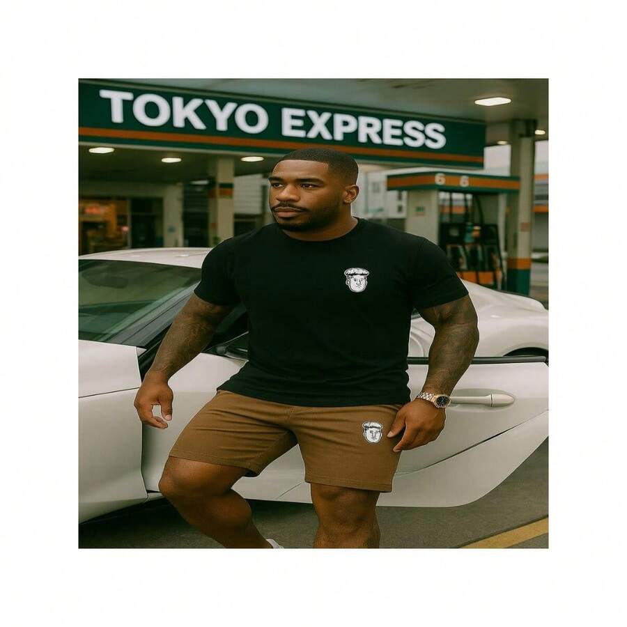 Conjunto Masculino Oposto Modas Camiseta Preta + Shorts Casual Estiloso - Marrom - Visão 1