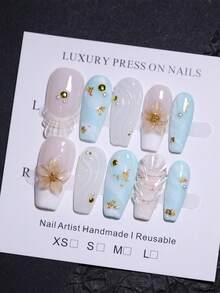 10片棺材形长款白色和蓝色渐变手工按压式美甲贴片，手工雕刻花朵和贝壳图案，法式风格假指甲，可重复使用，美甲美容产品，快速使用美甲用品 - 淺藍色 - 查看 12