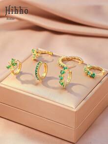 Hihho 6 件/套迷人时尚闪亮绿色锆石镶嵌五瓣花耳环和心形锆石镶嵌经典单排环状耳环，奢华珠宝耳环礼物，优雅魅力金耳环搭配日常服装 - 綠色 - 查看 5