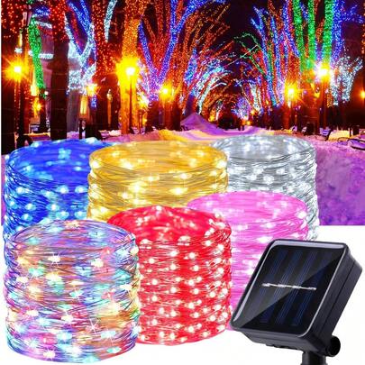 1pc LED Solar Outdoor String Lights - 8 Modes DIY Copper Wire Fairy Garland Lights With Warm White/Pink/Red/Blue/Multicolor, 7M 50LEDS/12M 100LEDS/17M