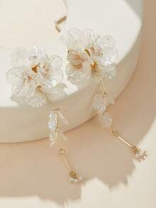 1 paire de boucles d'oreilles élégantes 3D de fleurs blanches, bijoux de luxe délicats avec de longs pompons en pétales, boucles d'oreilles pour fête, cadeaux d'amitié - boucle d'oreille - Voir 4