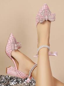 2025秋冬优雅白色仿珍珠蝴蝶结尖头粗跟鞋 - 时尚别致，适合特殊场合、优雅场合、女士高跟鞋、派对装、婚礼装 - 粉色 - 查看 2