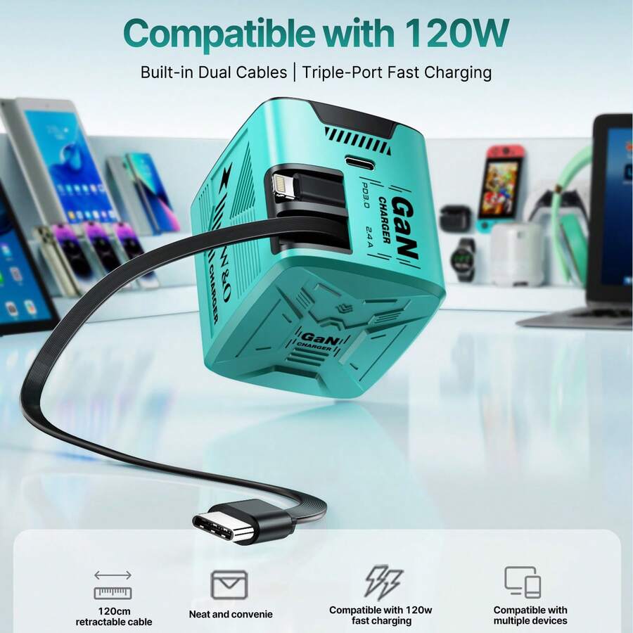 W&O Bộ sạc tường nhanh 3 trong 1 GaN 120W 3 trong 1 với bộ đổi nguồn 100-240V đa năng, cáp thu gọn 32 inch, phân bổ nguồn thông minh để sạc nhiều thiết bị, bảo vệ quá tải/nhiệt độ, thiết kế ổ cắm nhỏ gọn cho ổ cắm đông đúc – Tương thích với iOS 16/15/S25 Ultra, vật dụng thiết yếu cho phòng ký túc xá đại học, phụ kiện bàn làm việc Nan - Xem 1