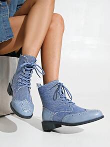 秋冬季女士时尚复古雕花拼接系带舒适踝靴，完美适用于圣诞节假日派对和各种场合，女士靴子 - 藍色 - 查看 4