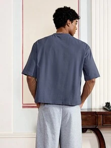 Áo thun nam tay ngắn dệt kim chắp vá thường ngày, phong cách đường phố, mặc hàng ngày - Màu xanh bụi bặm - Xem 3