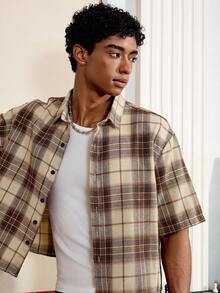 多种尺码男士宽松翻领短袖格子印花拼布休闲衬衫，街头潮流 - 彩色 - 查看 4