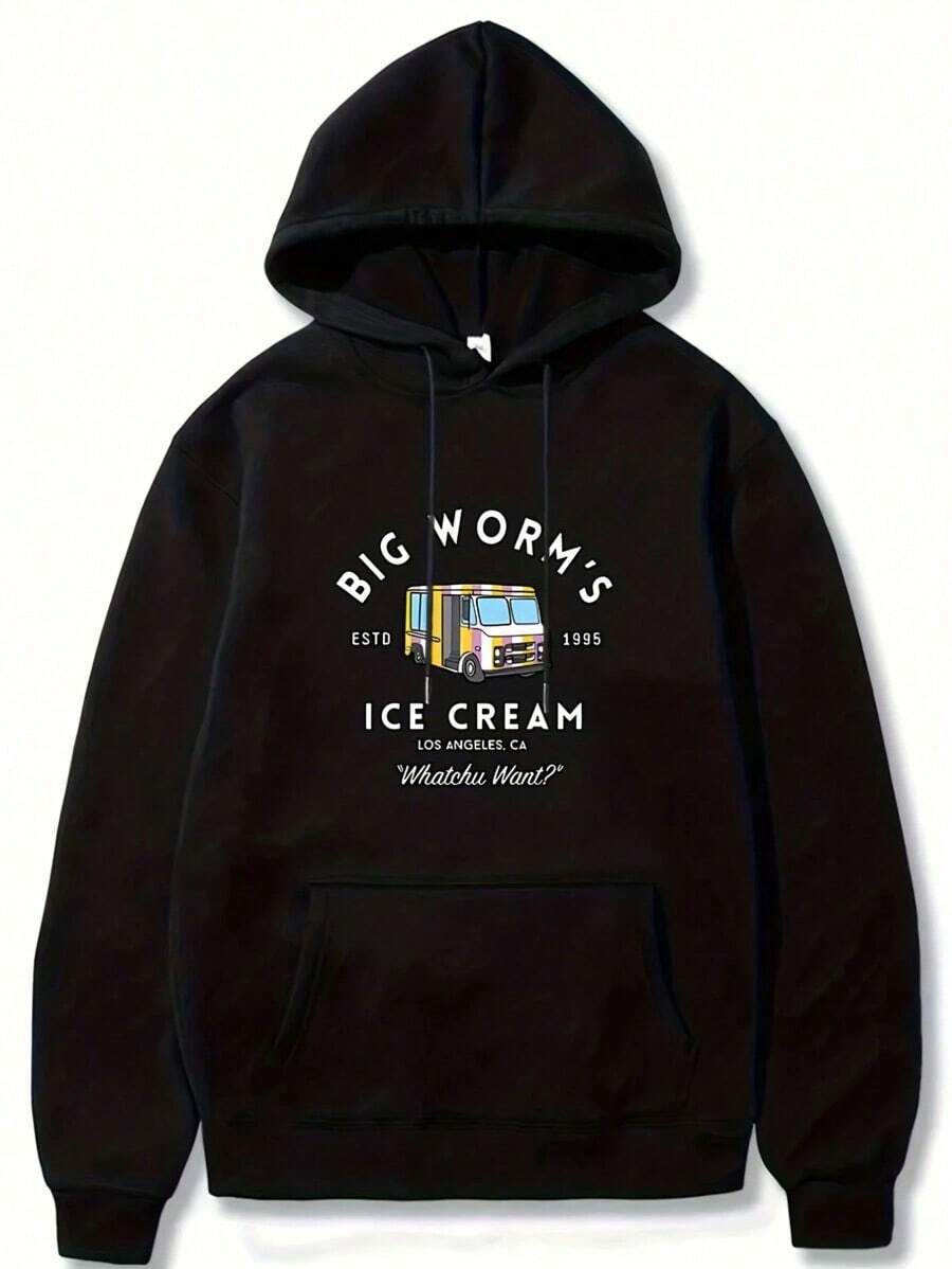 Big Worms Ice Cream Graphic Print Hoodie - Soft Polyester, Regular Fit, Hooded, Long Sleeve, Slight Stretch, Machine Washable - Perfect For Casual Daily Wear, Outdoor Activities, And Gift Ideas For Men And Teens - 黑色 - 查看 1