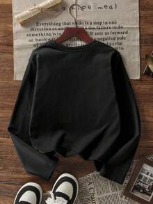 青少年男童单件休闲印花长袖T恤，春秋季，年轻学生服装，时尚，保暖舒适，适合青少年男孩穿着 - 黑色 - 查看 2