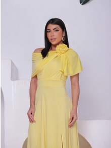 Women's Long Party Dress 3D Flower One Shoulder Cape Lined Cup Side Slit Simple Elegant Cloth Party Dress Wedding Party Graduation Prom Wedding Guest - 黃色 - 查看 2