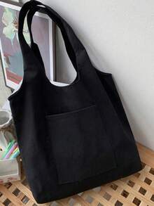 Women Simple Canvas Tote Bag, Open-Top Canvas Shoulder Bag, Handbag, Simple Briefcase Bag For Elementary/High School/College Students, Document Holder, Travel Bag - Black - View 5