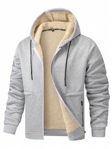 Chaqueta con capucha gris de hombre forrada de sherpa, cálida y cómoda, adecuada para salidas de invierno, actividades al aire libre y uso casual en el hogar