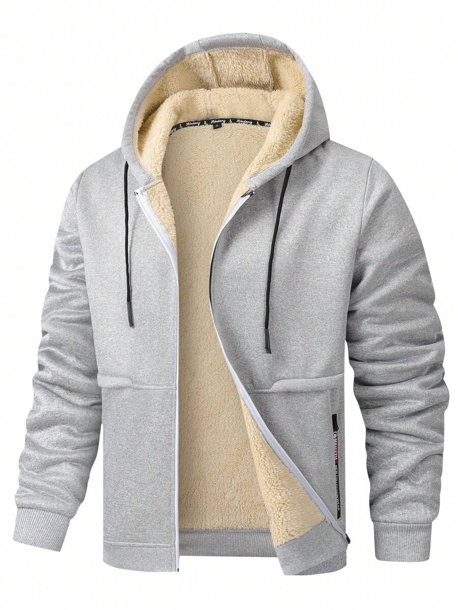 Chaqueta con capucha gris de hombre forrada de sherpa, cálida y cómoda, adecuada para salidas de invierno, actividades al aire libre y uso casual en el hogar
