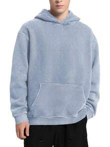 FAIABLE Mens Hoodies Oversized Unisex Wash Hoodie Heavyweight Fleece Vintage Cotton Sweatshirt Men Women Streetwear - 霧霾藍 - 查看 2