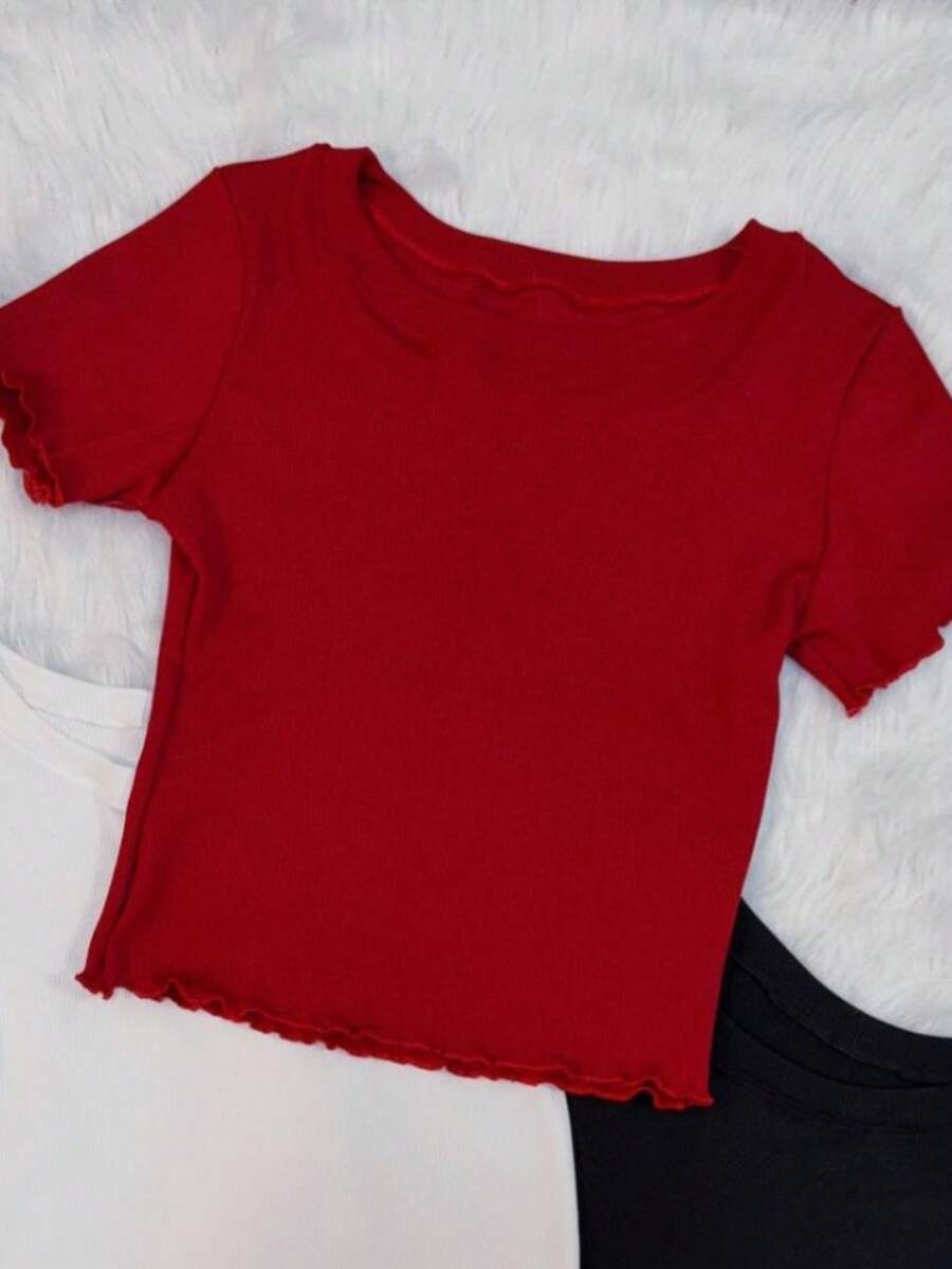 Solid Ruched Ribbed T-Shirt - Red - View 1