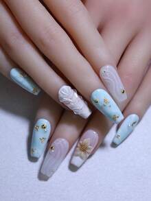 10片棺材形长款白色和蓝色渐变手工按压式美甲贴片，手工雕刻花朵和贝壳图案，法式风格假指甲，可重复使用，美甲美容产品，快速使用美甲用品 - 淺藍色 - 查看 2