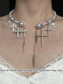 1件时尚精致星形十字吊坠，朋克风合金仿珍珠水钻银项链吊坠，适合女性日常、派对、音乐会佩戴，可作为圣诞节或新年礼物 - 銀色 - 查看 3