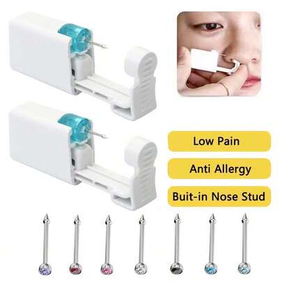 1 pieza Perforador desechable de nariz con pendientes de nariz de acero inoxidable incorporados - Kit de perforación de nariz para cartílago