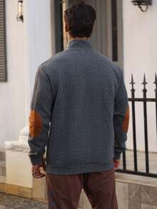 男士提花针织卫衣，秋冬简约立领打底衫，纯色圆领T恤，男士长袖T恤，送给男友的节日礼物 - 灰色 - 查看 6