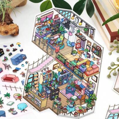 1 Set House Landscape Stickers, Creative Aesthetic Sticker Decals, DIY Decorative Collage Craft Supplies, Holiday Gift, Personalized Scrapbooking School Stationery (2 Sticker Sheets + 1 Scene Card)