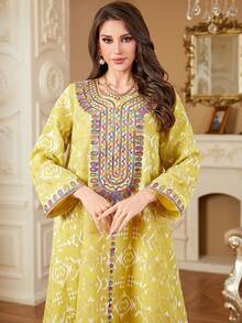 Women's Robe, Islamic Dubai Dignified Embroidered Luxurious Fashion Long Robe, Abaya Dress, Round Neck Arabic Robe Spring - Yellow - View 2