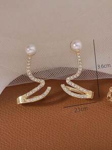 1pair Elegant And Simple Wave-Shaped Faux Pearl And Rhinestone Ear Studs Suitable For Women's Daily, Festivals Or Parties - 金黃色 - 查看 5