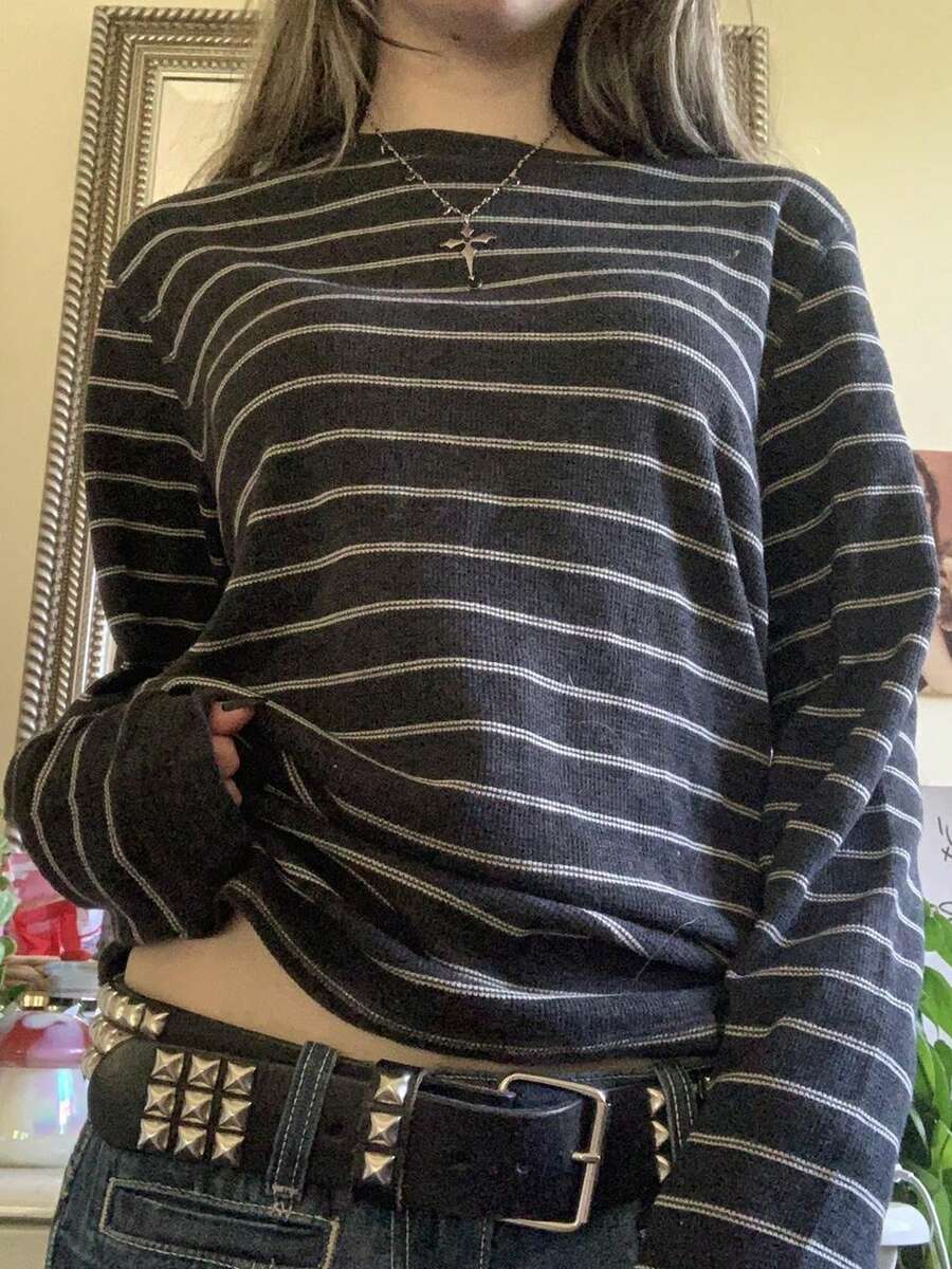 Women Y2K Striped Long Sleeve Shirt Fairy Grunge Baggy Tee Shirts Teen Girls Fall Vintage Harajuku Streetwear - Xám - Xem 1