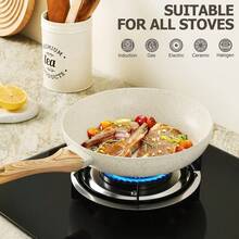 Set de 3 Sarténes Antiadherentes Blancas: Tamaños 20cm (7.87"), 24cm (9.5") y 28cm (11") – Mango Antiescalda, Ideal para Amantes de la Cocina y Hogares Modernos en Desayunos y Cena Diaria - Beis - Ver 4