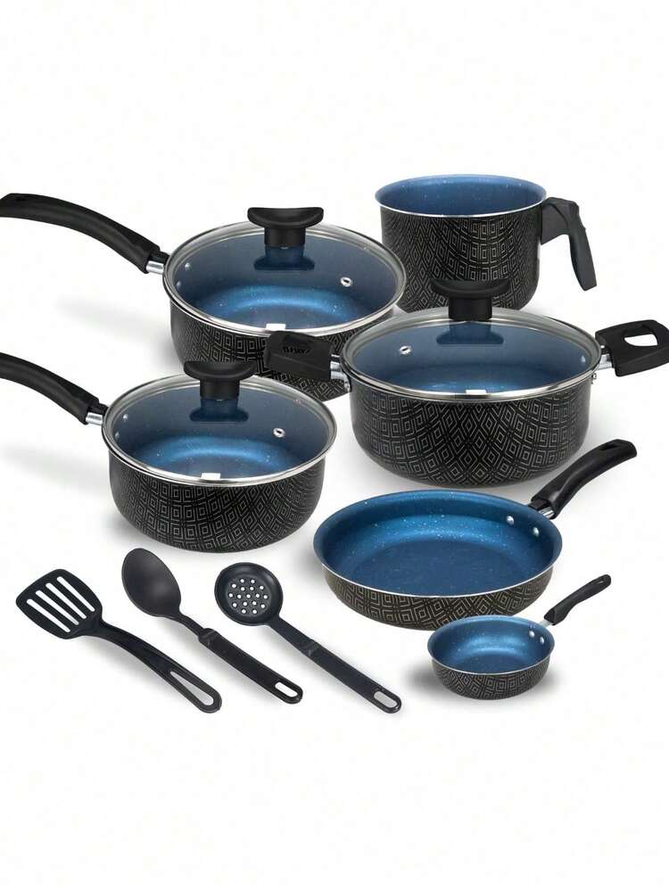 Cookware Set Casserole Set 9 Pieces Kit Nonstick Glass Lid Elegance With Cutlery - 黑色藍寶石 - 查看 2