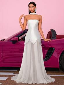 优雅的领口设计，无肩带，高腰，花朵拼接，露背系带，及地长裙，适合舞会、生日派对、晚宴、返校节、婚礼宾客、正式晚宴、家庭聚会等场合。 - 白色 - 查看 3