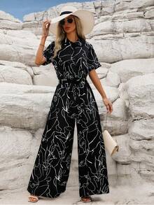 Elegante Monos y Palazzos De Mujer Con Estampado De Grafiti,Mono De Manga Corta Con Botones y Cinturón - Negro - Ver 3