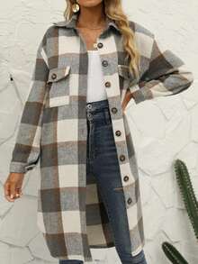 Chaqueta casual de mujer con botones y manga larga a cuadros, otoño