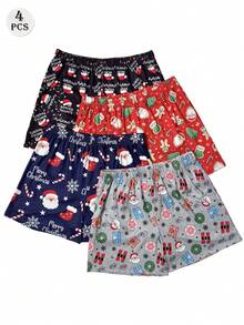 4 sztuki/zestaw męskich spodenek piżamowych z nadrukiem w świątecznym stylu, wygodne luźne bokserki z elastyczną talią, różne kolory