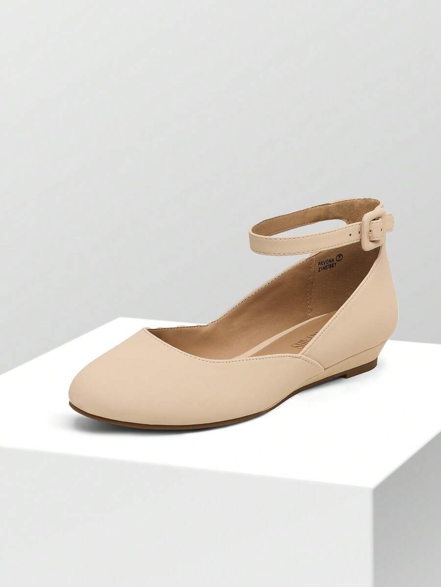 Women's Ballet Flats Low Wedge Ankle Buckle Strap Dress Office Shoes - Apricot Nubuck - View 1