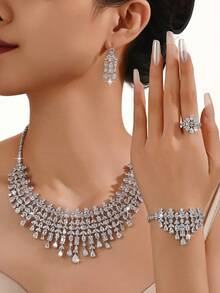 5pcs White Gold Plated Luxury Royal Style Tassel Leaf Design Bridal Wedding Jewelry Set, Handset White Cubic Zirconia, Including Necklace, Bracelet, Earrings, Ring, Suitable For Daily Wedding, Wedding Anniversary Gift (Gift Box Packaging) Included